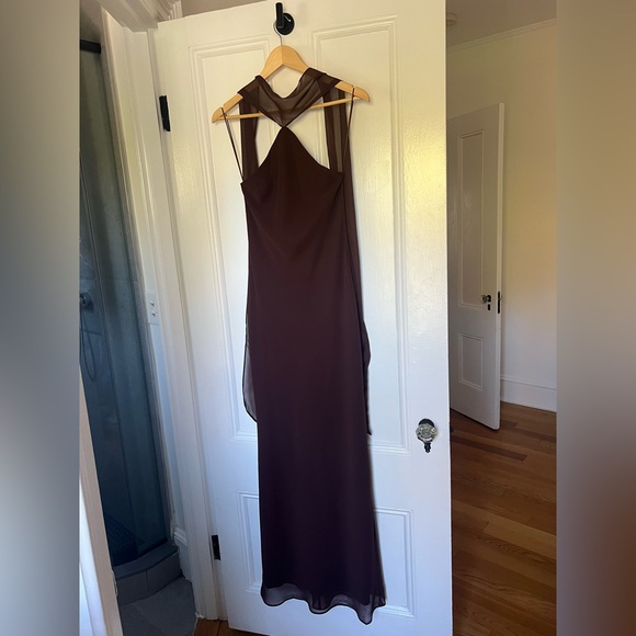 Amanda Uprichard Chocolate Brown Backless Dress with Scarf Detail Amanda Uprichard Chocolate Brown Backless Dress with Scarf Detail